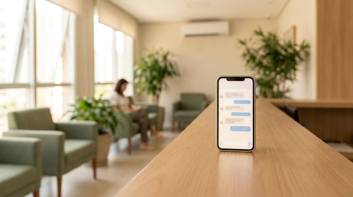 Celular com conversa de WhatsApp sobre o balcão da recepção de uma clínica