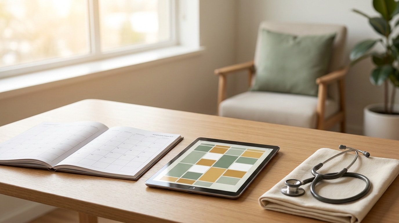 Agenda de papel e tablet com calendário de consultas sobre a mesa do consultório