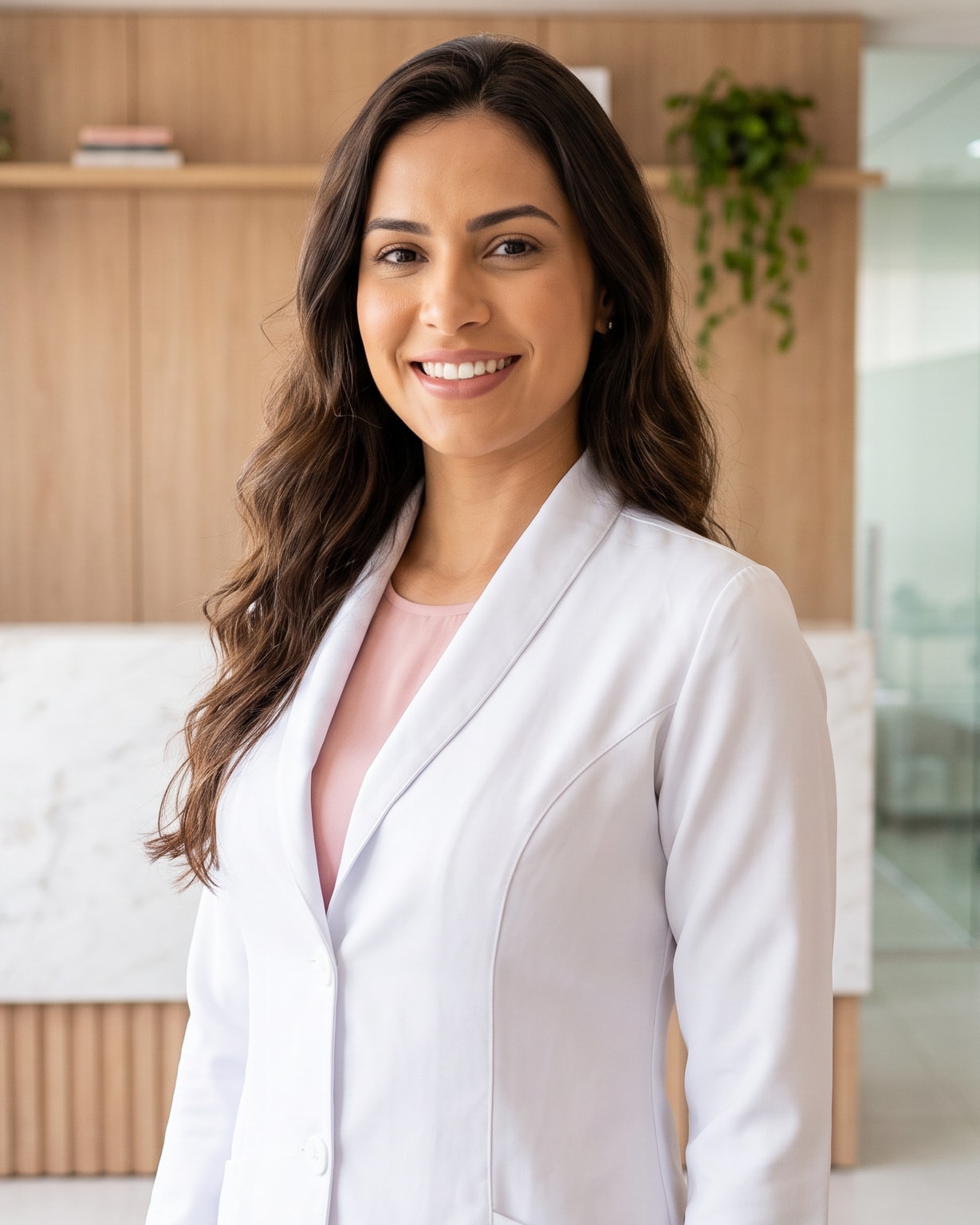 Profissional de saúde sorrindo na recepção de uma clínica