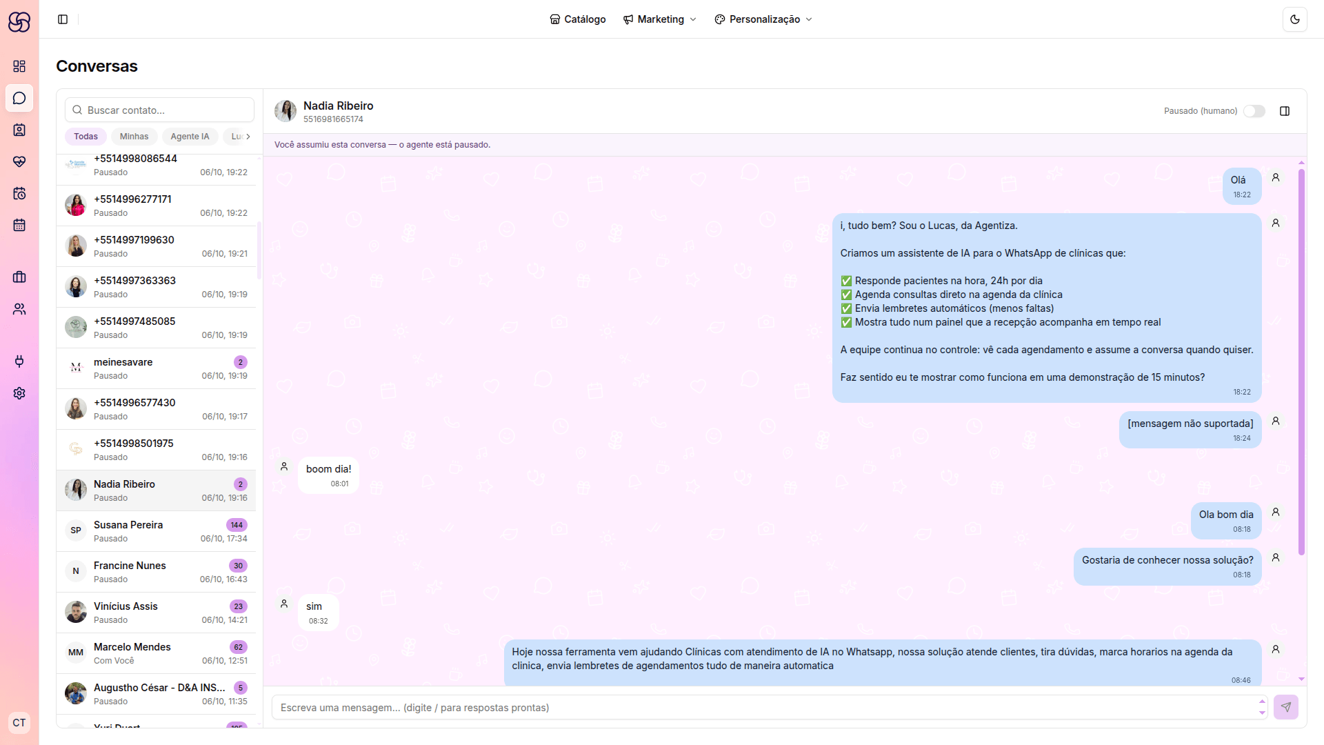 Tela de Conversas do painel da Agentiza